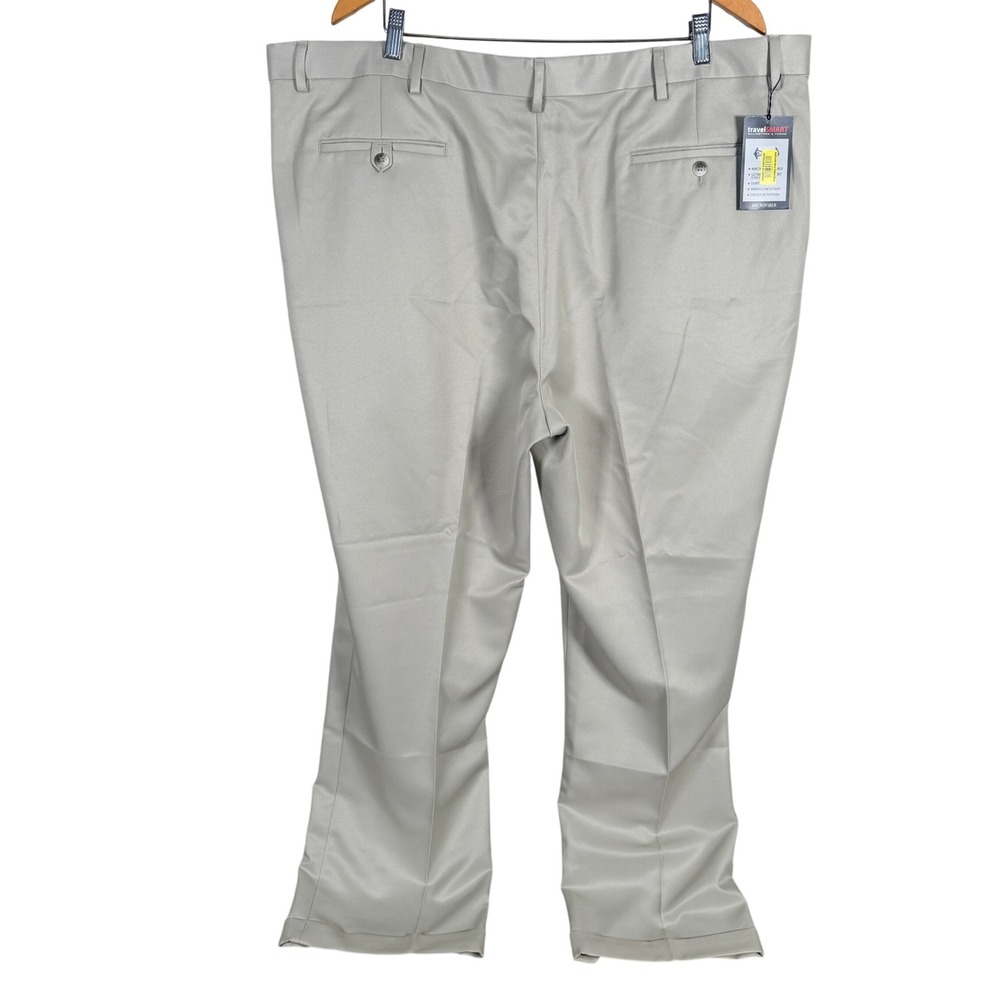 Roundtree & Yorke TravelSmart Pleated Dress Pants Mens 46x30 Beige Cuffed NEW - Picture 3 of 5